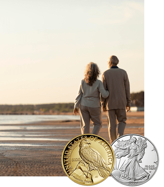 Couple walking on the beach with gold coins